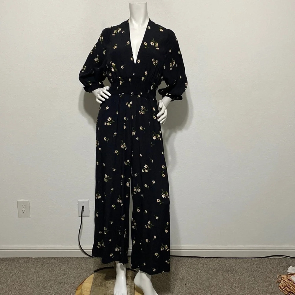 ASOS Black Floral V-Neck Open Back Wide Leg Jumpsuit Size 12